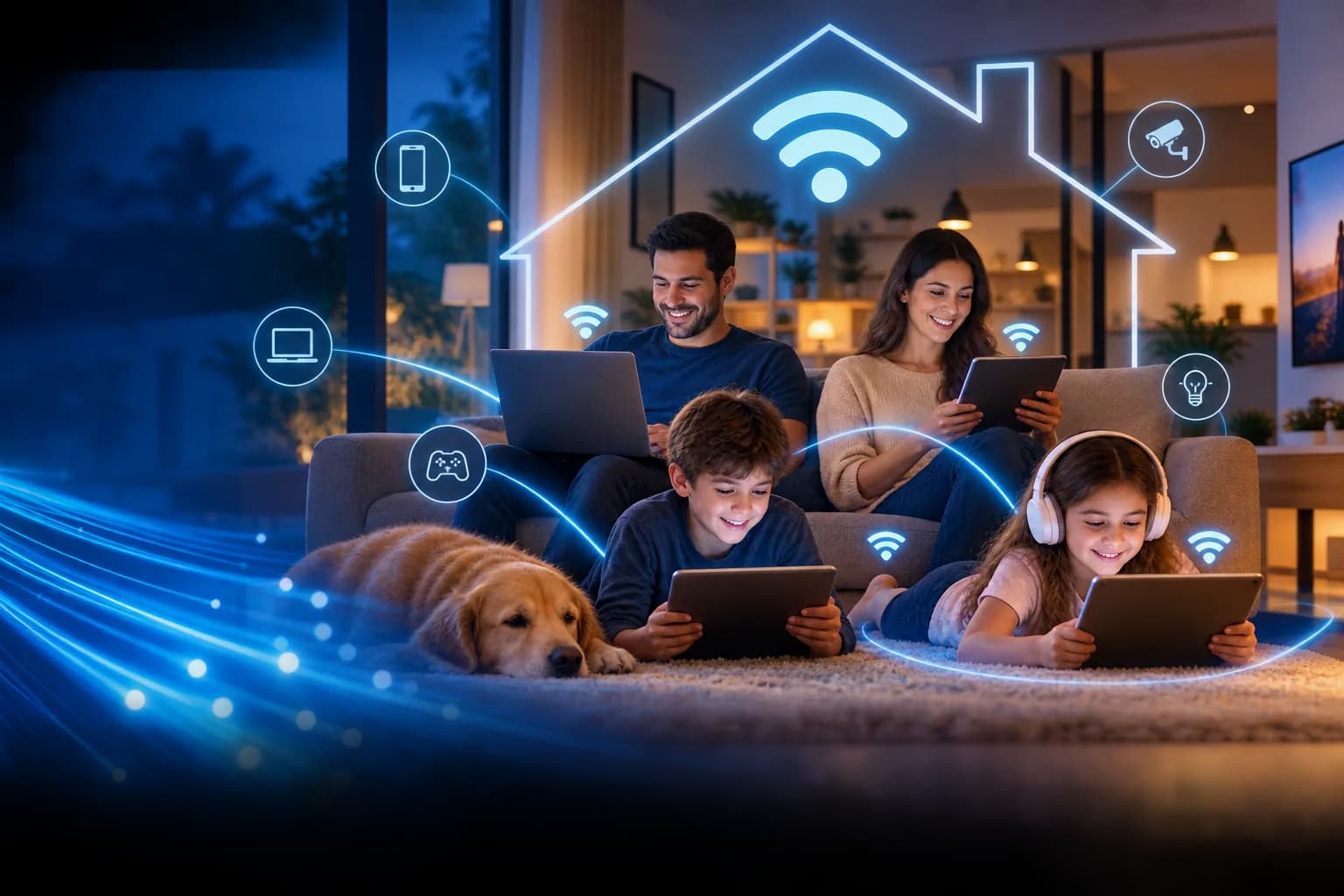 Família em uma casa conectada por Wi-Fi
